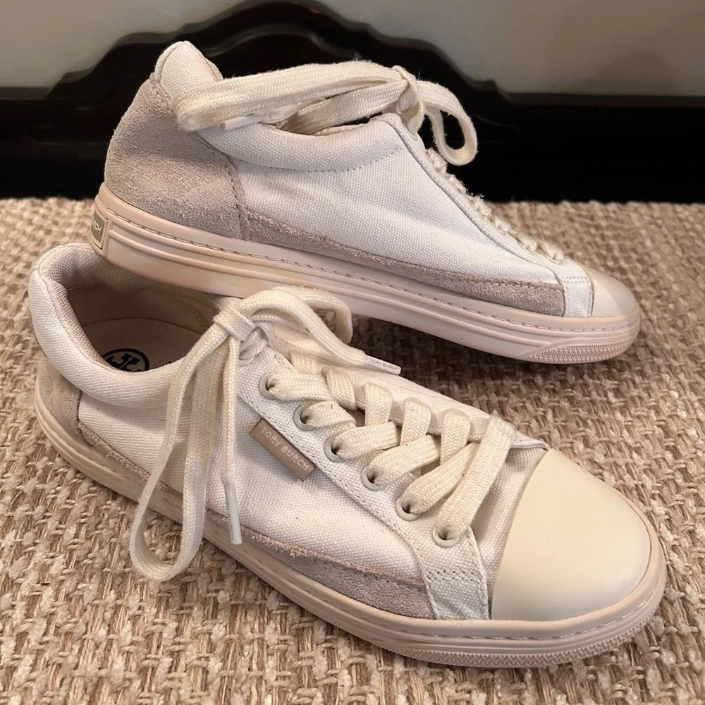 Tory Burch Classic Court Canvas Sneaker Natural Suede Size 7 Quiet Luxury Casual